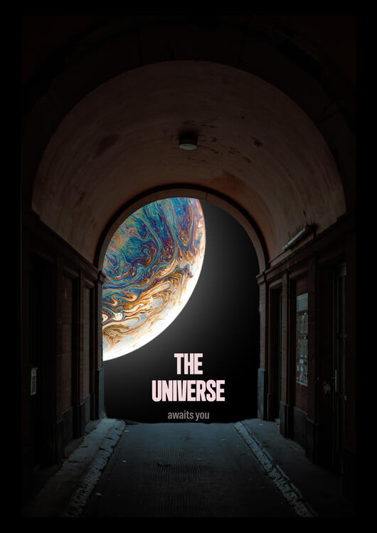 "The Universe - awaits you", space themed poster design